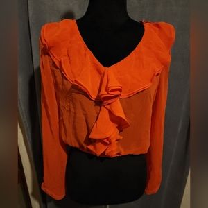 Peach Ruffled V-neck Long-Sleeve Mid-Drift Mesh Blouse